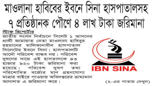 মাওলানা হাবিবের ইবনে সিনা হাসপাতালসহ ৭ প্রতিষ্ঠানকে পৌণে ৪ লাখ টাকা জরিমানা